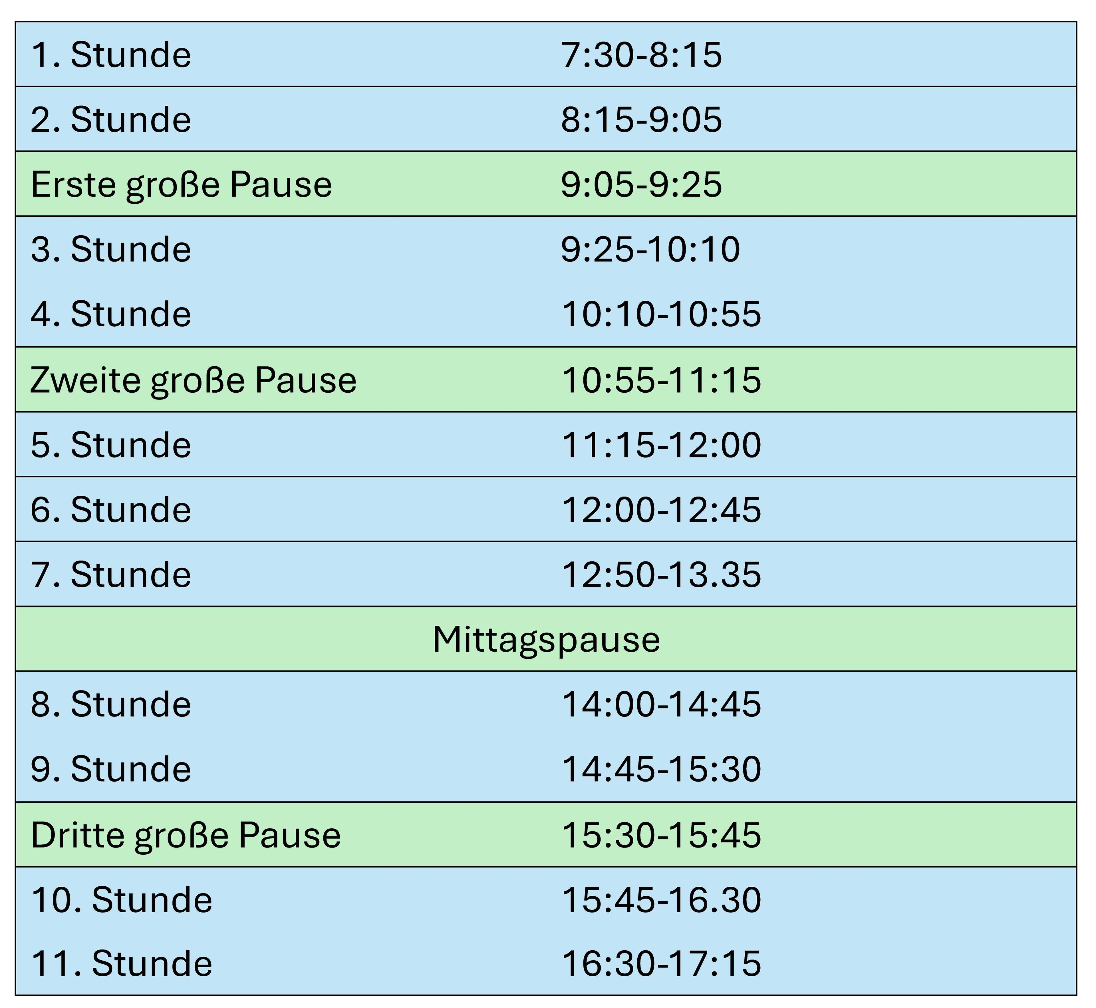 a blue and green table showing the time of the day in german .