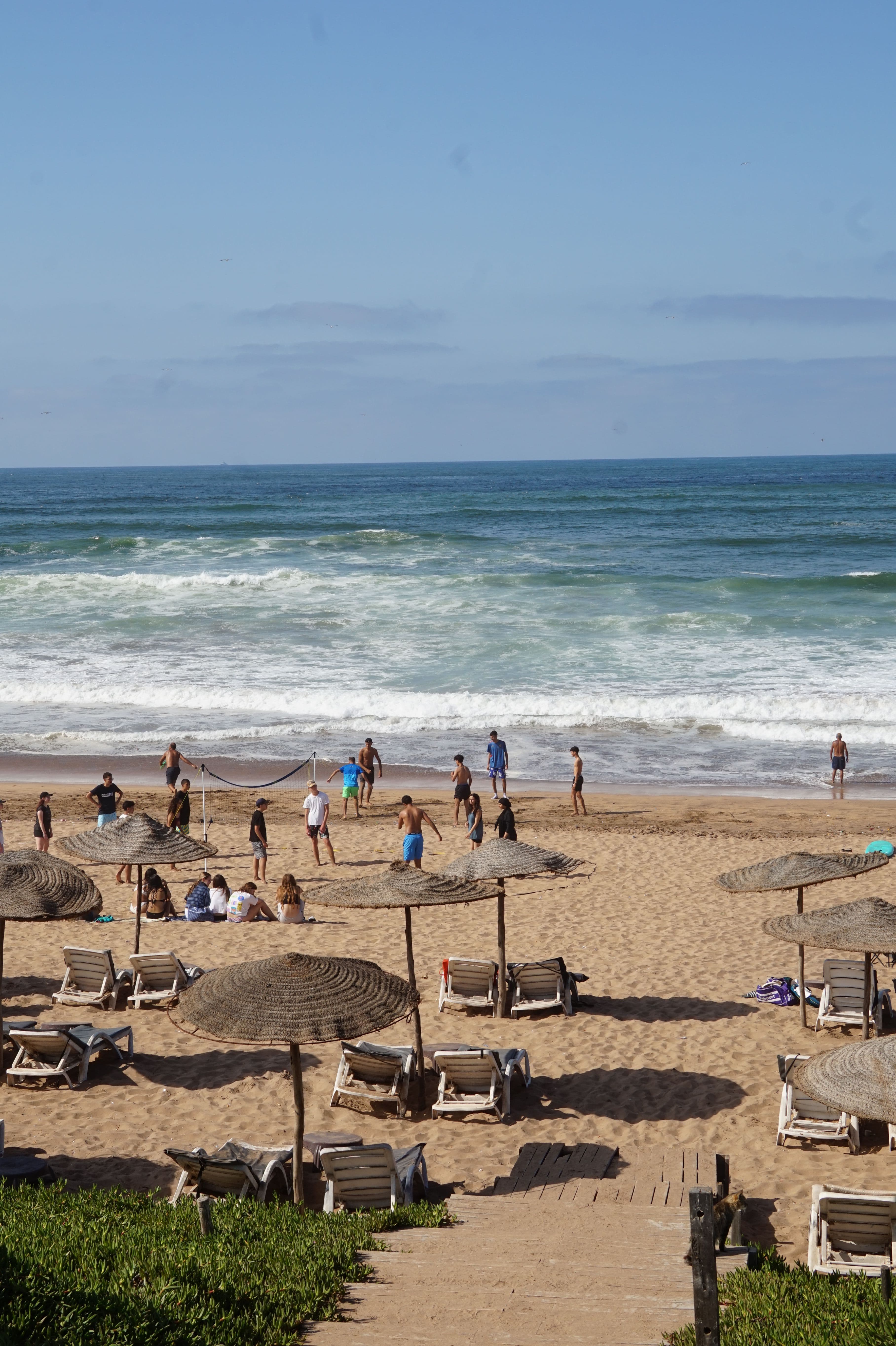 A sandy beach with people playing volleyball by the ocean and others relaxing under straw umbrellas.