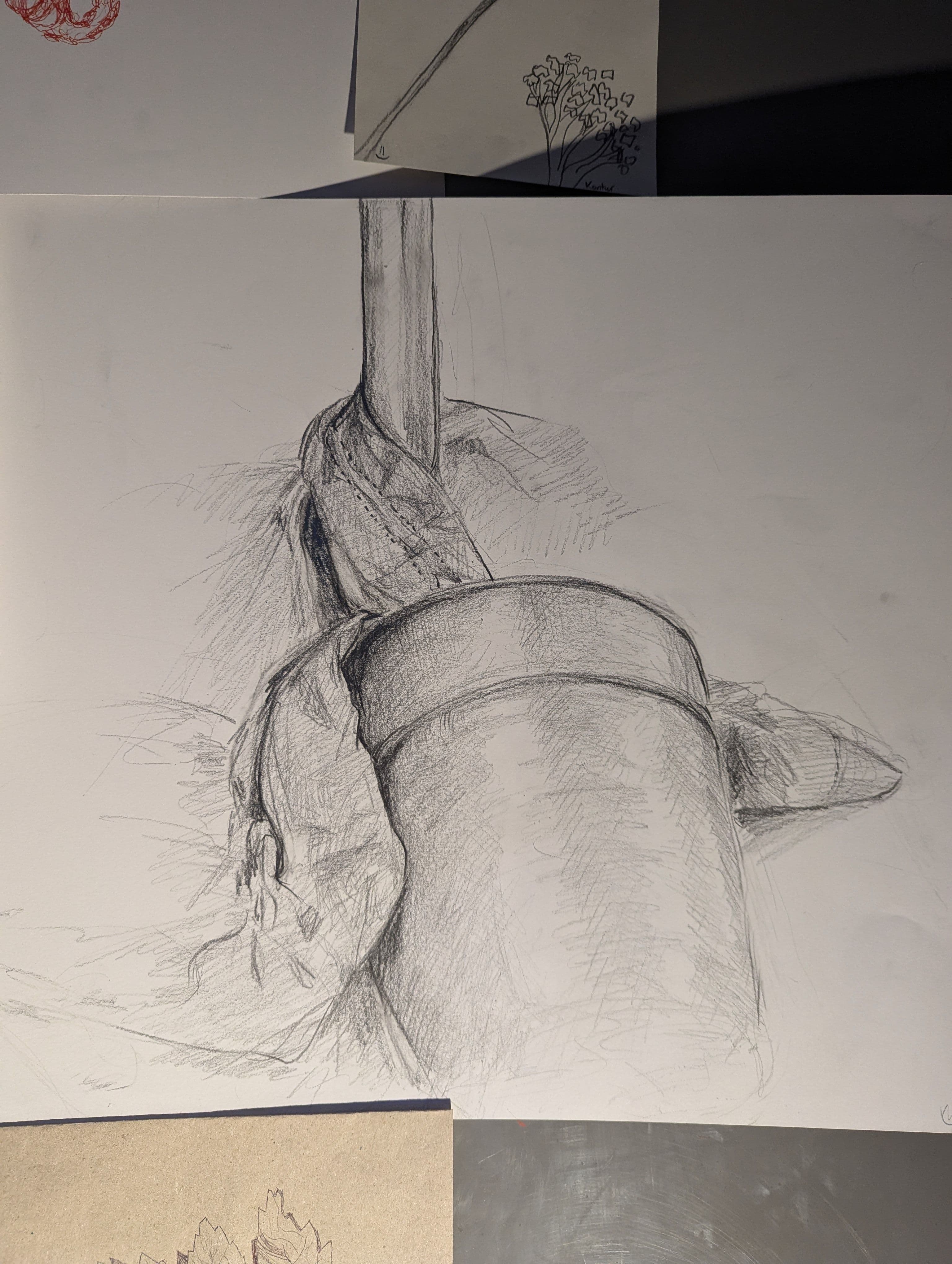 Bleistiftzeichnung eines Blumemtopfes mit umschlungenem Stoff