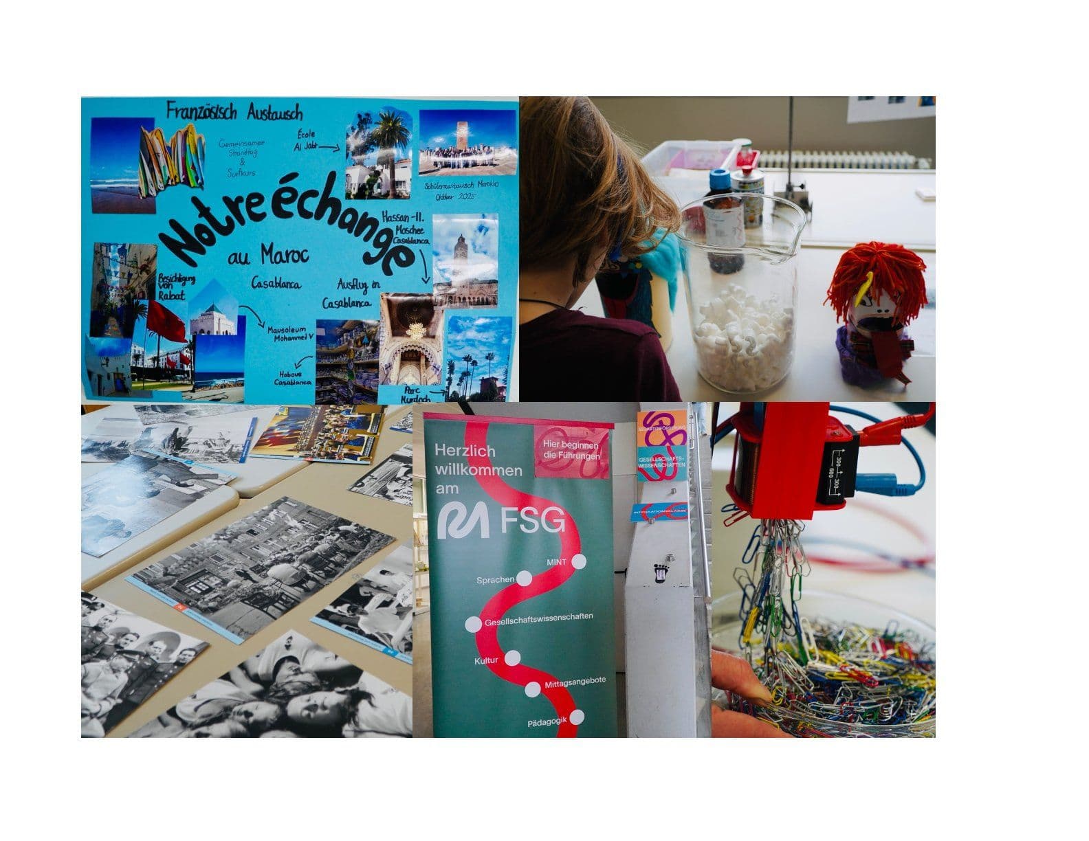 A collage of six images depicting diverse school activities, including a Moroccan exchange poster, science experiments, photography, and a school welcome banner.