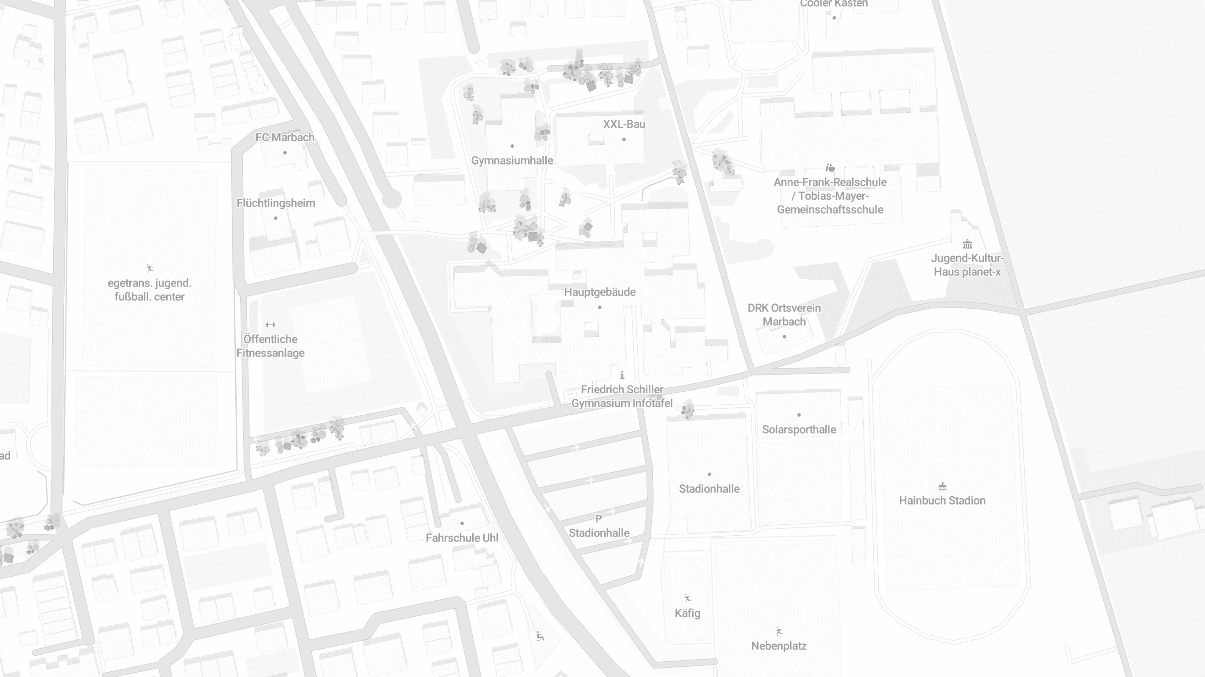 eine schwarz-weiße Karte der Stadt Marbach mit den Schulgebäuden des Friedrich-Schiller-Gymnasiums Marbacham Neckar