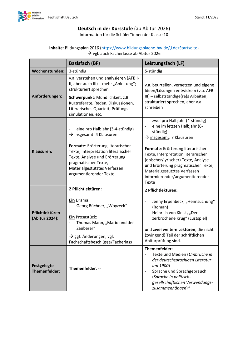 Basis- und Leistungsfach Deutsch