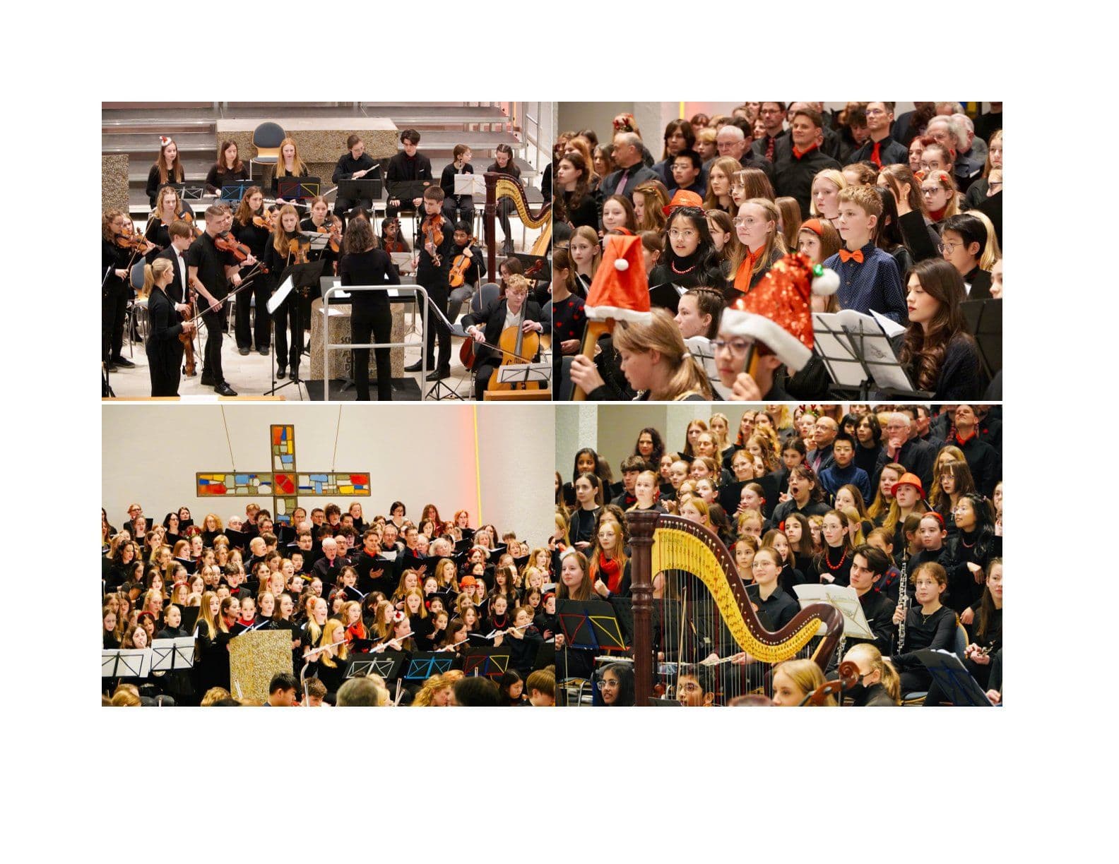 Large orchestras and choirs performing, with some participants wearing festive Santa hats.