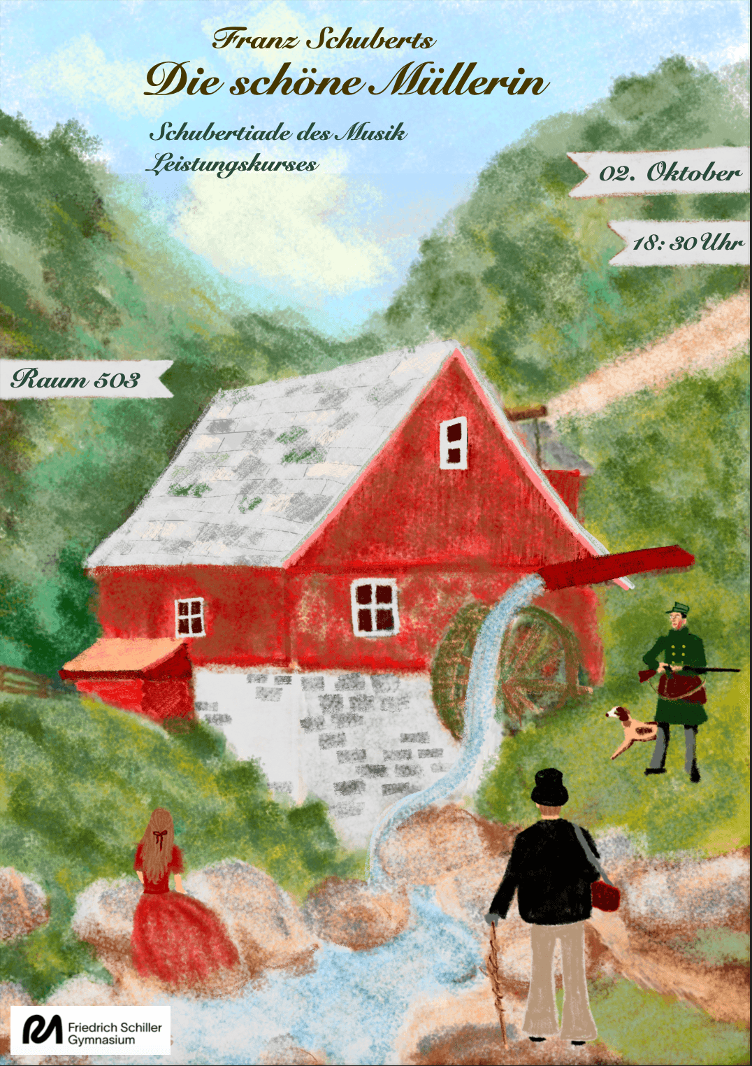 Eine Malerei eines roten Hauses mit Mühlrad, einem Bach und drei Personen, darunter eine Frau mit rotem Kleid.