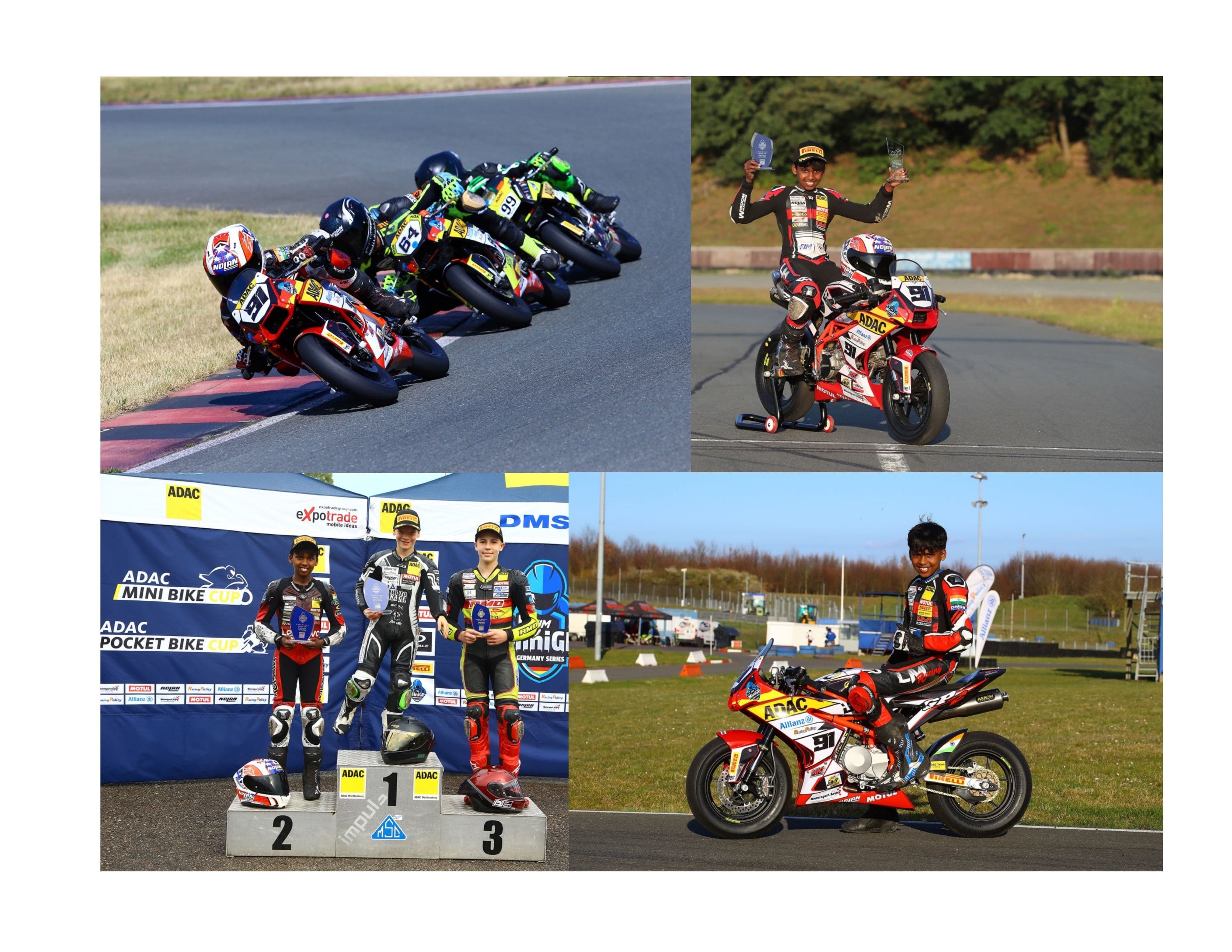 Four images of young mini bike racers: racing on a track, celebrating wins, and on a podium.