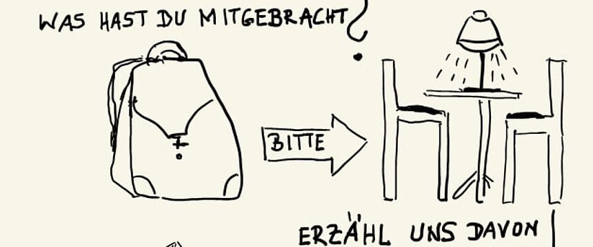 Eine Zeichnung eines Rucksacks und Stühlen und einem Tisch