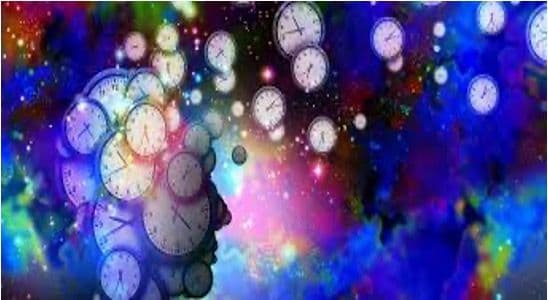 a painting of a person 's head with clocks coming out of it .