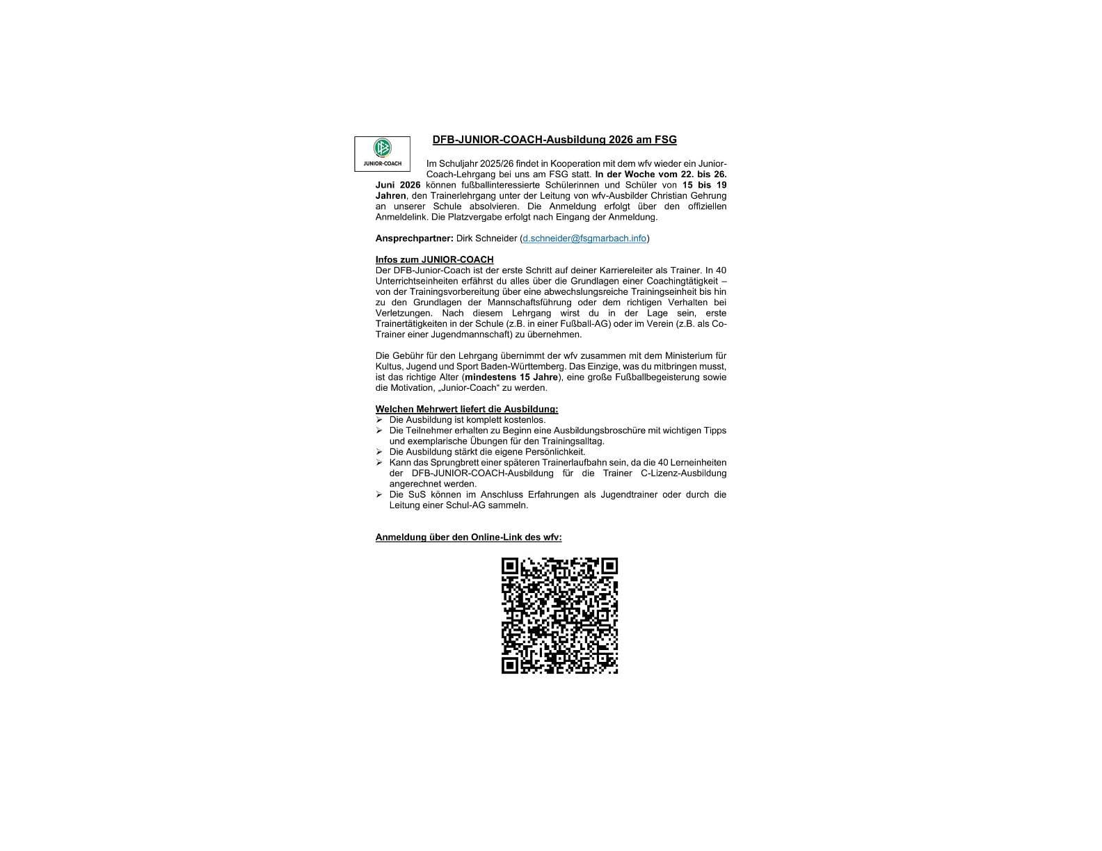 German text detailing the DFB-Junior-Coach training program in 2026 for young people, with a QR code.