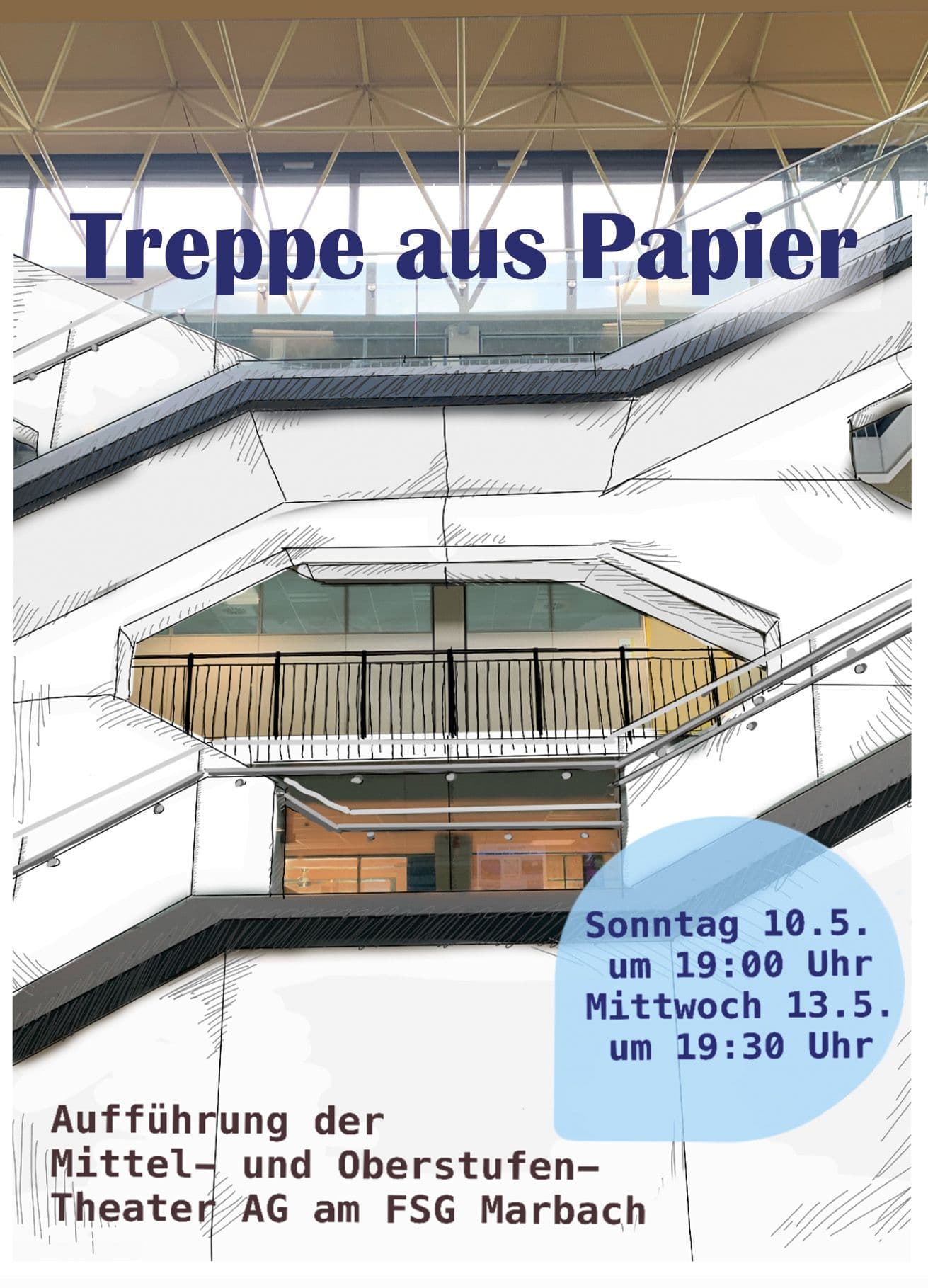 Poster for "Treppe aus Papier" by FSG Marbach, featuring a sketch of multi-level stairs, with performance dates Sonntag 10.5. and Mittwoch 13.5.