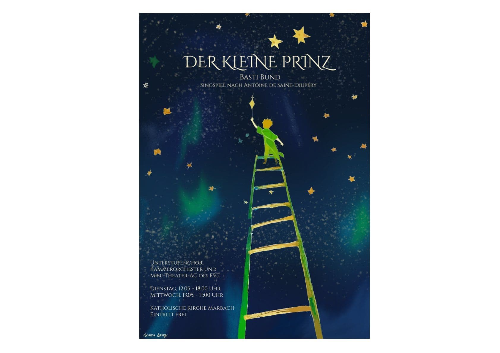 Poster for "Der Kleine Prinz" (The Little Prince) showing the prince on a ladder in a starry, aurora-filled night sky.