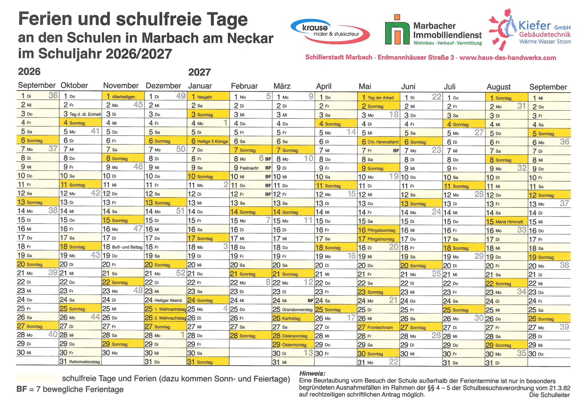 Ferienkalender 2026/27