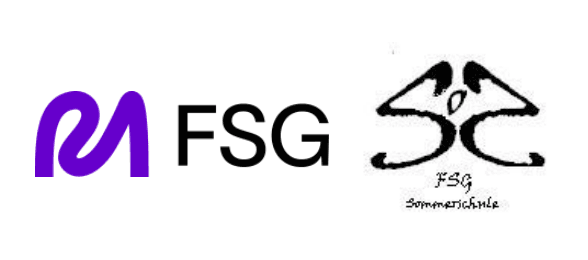 Purple abstract logo, black FSG text, and a stylized black and white logo with 'FSG Sommerschule' text.