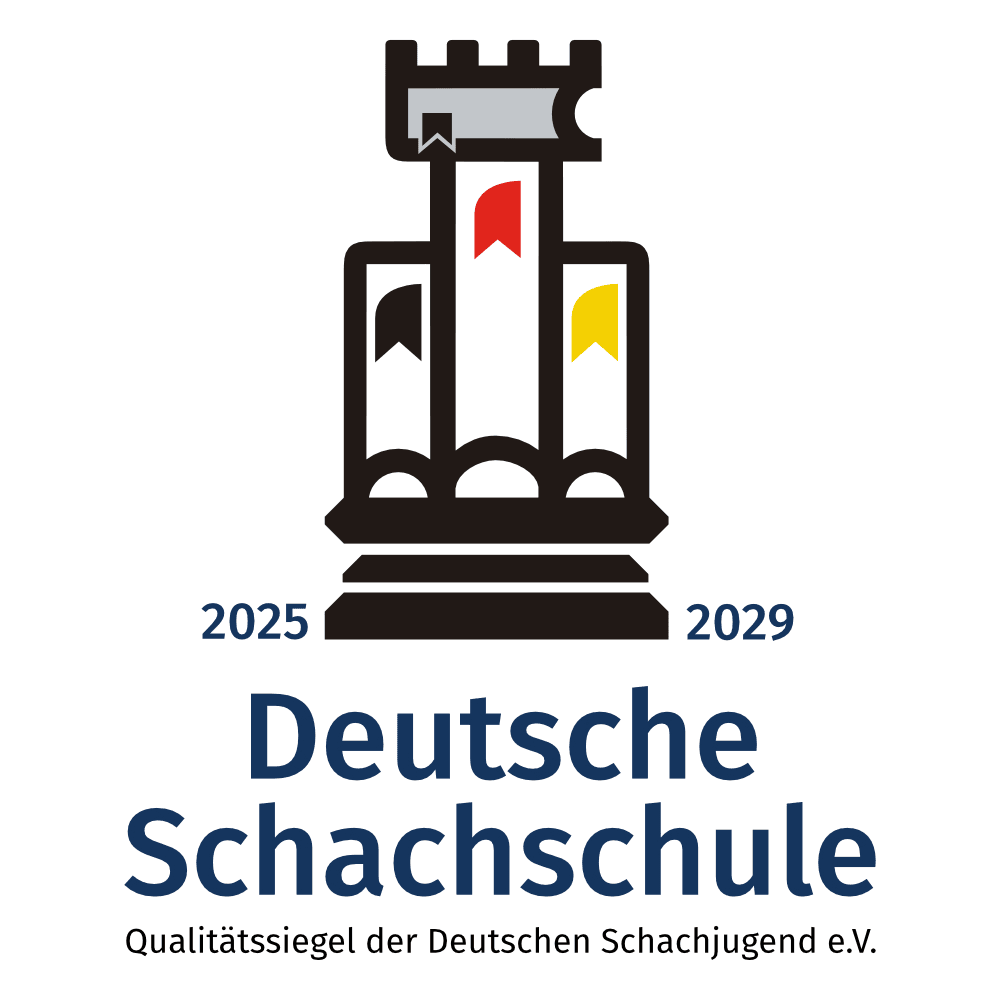 Deutsche Schachschule Qualitätssiegel der Deutschen Schachjugend e.V. logo for 2025-2029, featuring a stylized chess rook with black, red, and yellow banners.