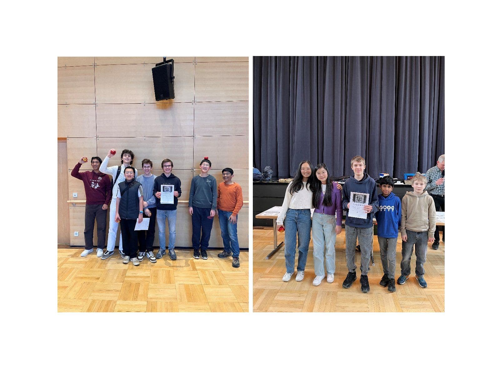 Two photos of students smiling, some holding certificates and red apples.
