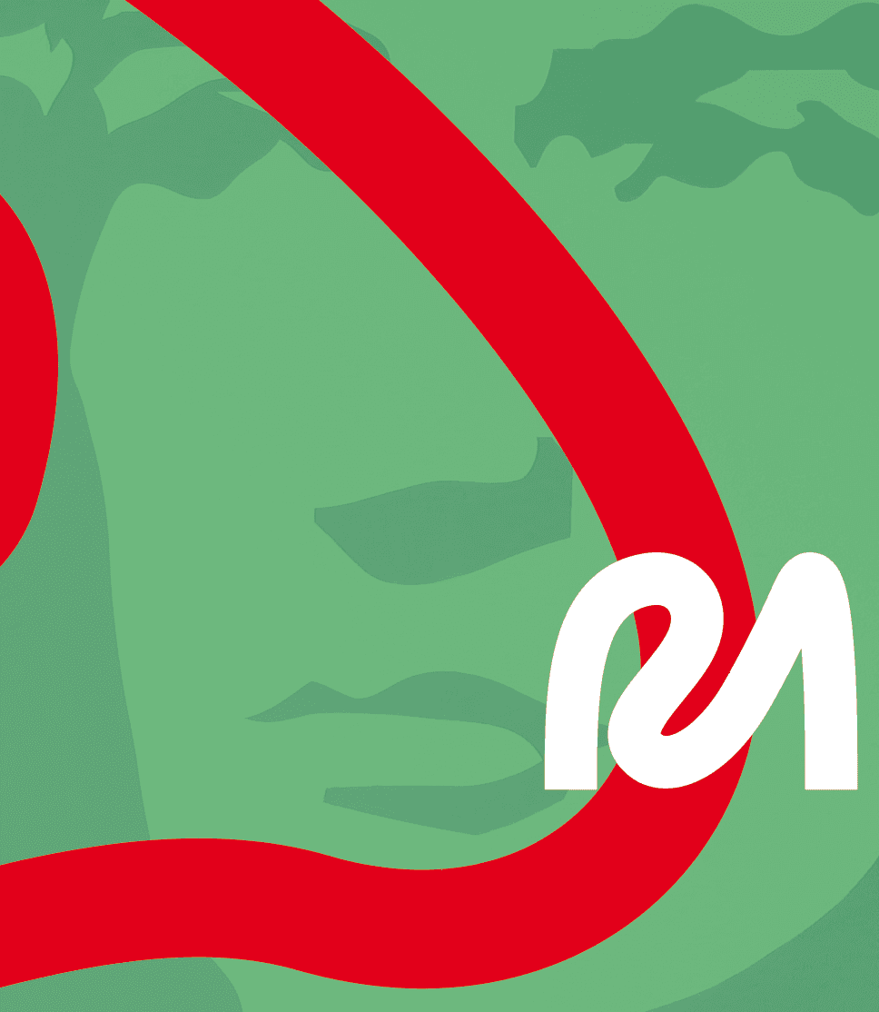 White stylized "m" logo on a red curved line over a green abstract background.